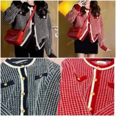 【2点セット】千鳥格子 カーディガン ツイード風 ゴールドボタン 上品 秋冬