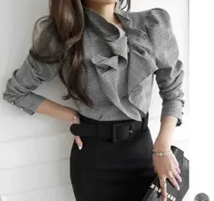 チェック柄　リボンブラウス 長袖 グレー　トップス　シャツ　フォーマル