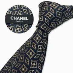 CHANEL シルクネクタイ 幾何学柄 菱形 ネイビー
