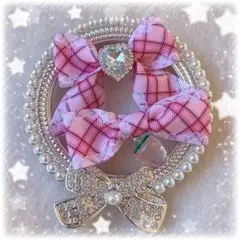 リボンクリップ ヘアクリップ ピンク チェック　量産型 地雷 ロリィタ 平成女子