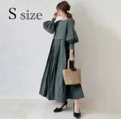 バルーンスリーブ プリーツ ワンピース ロング丈 体型カバー フレア 長袖