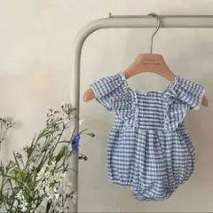 monbebe ブルーチェック　ロンパース　夏服　ベビー服