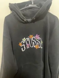 Stussy ブラック 花刺繍 パーカー XL