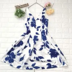 ローレンラルフローレン　ワンピース【ML】Aラインノースリーブ花柄裏地付き上品