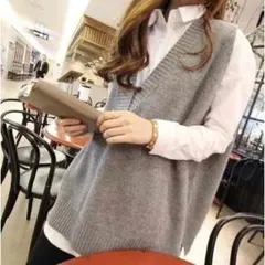 【新品送料無料】コットン素材　ベスト　編み込みニット　Vネック(Y0261)