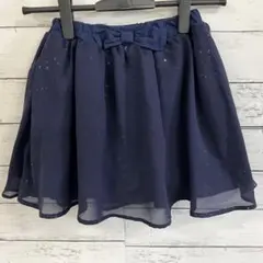 【古着】✨スカート【130】キッズ 星柄 シフォン フレア リボン レース紺色
