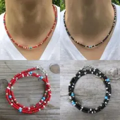 ▲【2set】40cm ビーズネックレス Red&Black KO1510