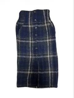 ネイビーチェック ウール混紡タイトスカート L
