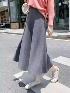ロングスカート リブ編み ウエストゴム ロング丈 フレアロングスカート ニット