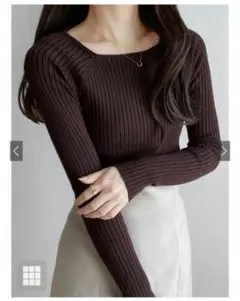 スクエアネックリブニットトップス rut072