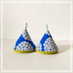 サンカク鍋つかみ＊ハンドメイド「サークルフラワー」ブルー×ピスタチオ