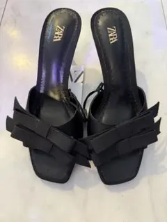 【新品】ZARA 黒 リボンデザイン ミュール