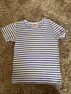 ハリウッドランチマーケット　ブルーストライプ 半袖Tシャツ 赤い刺繍ロゴ付きのサムネイル