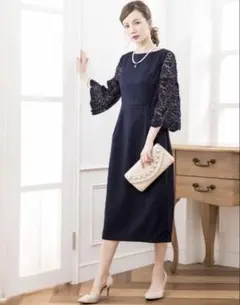 ミモレ丈ダマスク柄ワンピース　ブラック