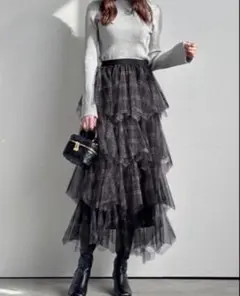 GRLチェック柄チュールティアードフリルスカート[tw1187]
