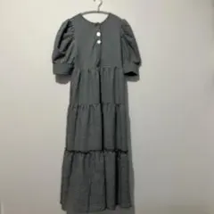 GRLギンガムチェック パフスリーブ ロングワンピース　ティアード　半袖