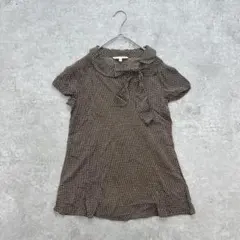 K1554 バナナリパブリック リボンブラウス チュニック丈 ドット柄 茶色