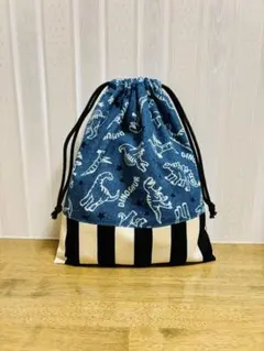【53A】ハンドメイド 給食袋 恐竜 ブルー ストライプ 2