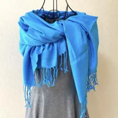 新品未使用シルク100% ターコイズブルーショール 大判ストールフリンジ付き