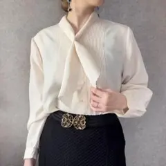 ヴィンテージ レトロ古着 スカーフ風ボウタイブラウス 無地 クリーム エクリュ系