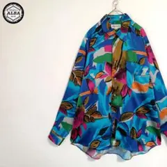 デザインシャツ　リーフ柄　アートデザイン　ヴィンテージ　テロ感　青　ブルー　長袖