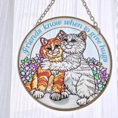 アミアスタジオ ステンドグラス 壁掛け 猫 仲良し お花