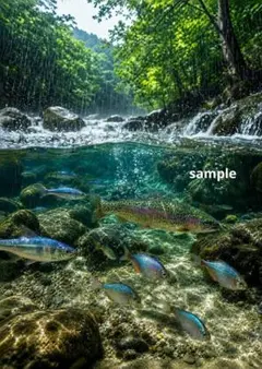 渓流の魚と水中風景 A4 デジタルアートのサムネイル