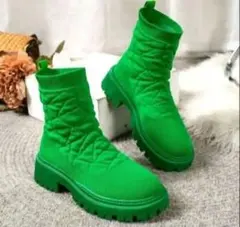 厚底サイドゴアブーツ　ニット　韓国　オルチャン　グリーン