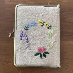 がま口型ハンドメイドサークルガーデン 刺繍 文庫本ブックカバー マルチ手帳ケース