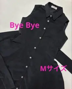 【美品】Bye Bye バイバイノースリーブシャツワンピースリボン付きネイビー