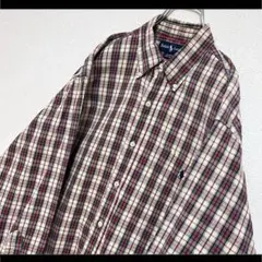 ラルフローレン BDシャツ ベージュ 赤系チェック柄 胸ポケット ポニー刺繍