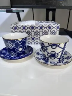 アフタヌーンティー ペア カップ＆ソーサー 紺 白 金縁 箱付き ギフト