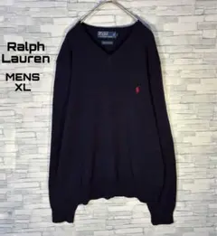 【USA古着】90sラルフローレンラムウールニットXL ネイビーVネック　刺繍