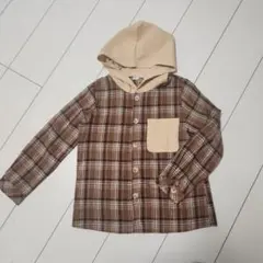 ブラウン系チェック フード付き長袖シャツ　130