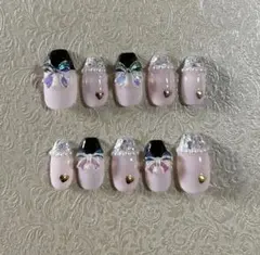 現品販売 ブラック りぼん シルバー ハート フレンチネイル