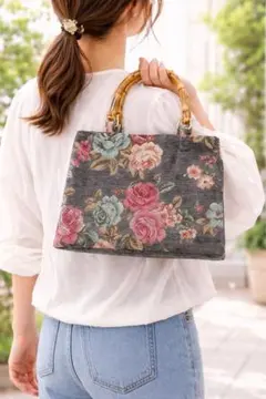 上品ローズ柄 × バンブーハンドルバッグ｜大人可愛い・母の日ギフトにも