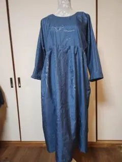 ★着物リメイク★　大島紬　長袖 ギャザーワンピース