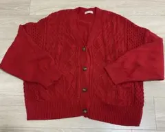 赤 ケーブル編みカーディガン red ニットカーディガン