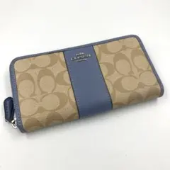 極美品】コーチ 長財布 ラウンドファスナー シグネチャー PVC レザー ブルー