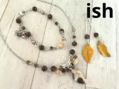 【A083】ishモッカイトリーフ・ルチルクォーツネックレス＆ブレス＆ピアス