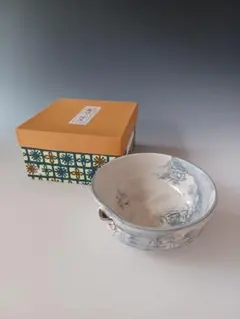 菓子器　菓子鉢　清水焼　チタン釉　紙箱入　山水絵　片口形　茶道具　可愛らしい