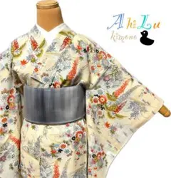【L1234】洗える着物 小紋 袷 化繊 薄黄色 赤ピンク 水色 ～152cm