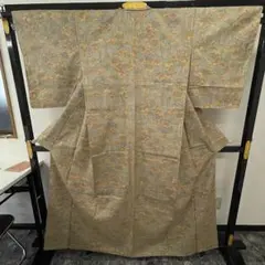 紬 着物 ベージュ系 総柄 花柄 赤裏地 カジュアル 0406-3-E2