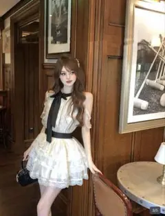 shien フリル　リボン　ミニワンピース　ワンホン　ホカンス　ドレス　韓国