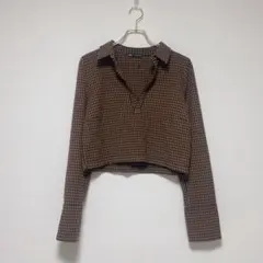 【ザラ】ブラウン チェック柄 クロップドシャツ XL