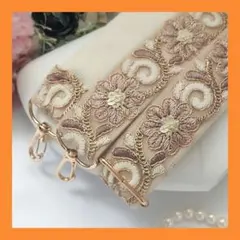 ショルダーストラップ【ベージュ✕フラワー】インド刺繍　スマホショルダー