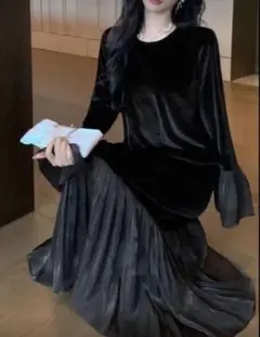 ブラックベルベットベロアドレス　shein Mサイズ