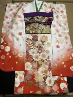 値下　美品　振袖フルセット　正絹白　オフホワイト　オレンジ成人式