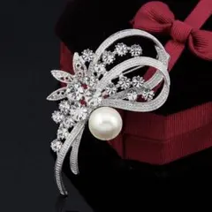 ブローチ花リーフ シルバーパール クリスタル ビジュー曲線