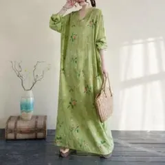 体型をカバー 着痩せ プリントワンピース フリー レディース V字襟 春夏